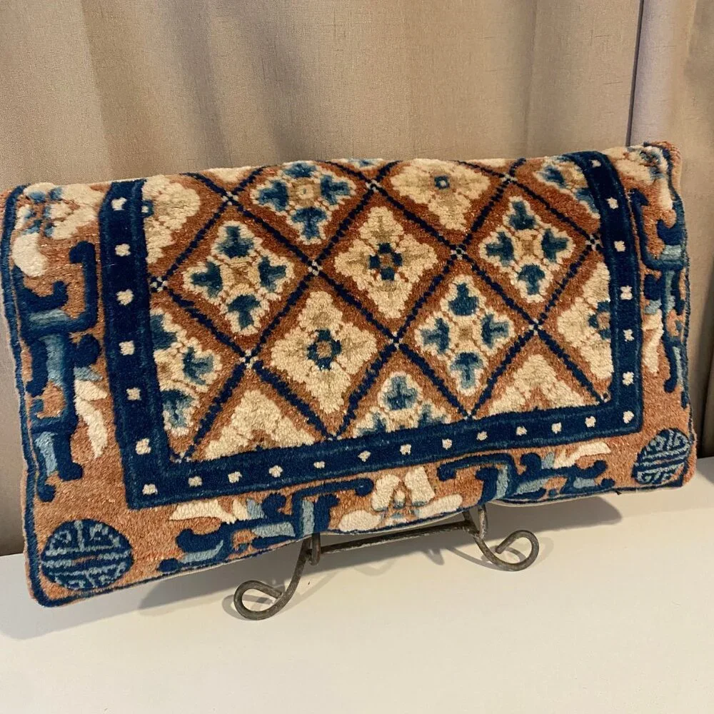 Vintage Turkish Wool Carpet Pillow 24x14‎ Handwoven Blue Brown Accent